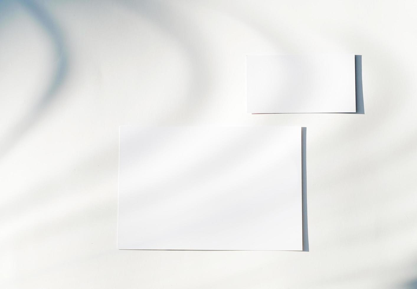Blank business card mockup with shade of natural leaves shadow overlay on white background, for product or presentation photo