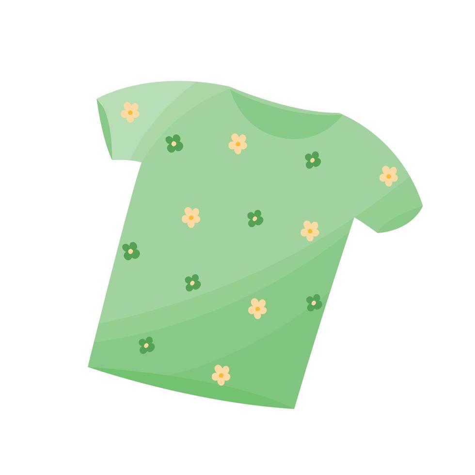 Green t-shirt with floral pattern illustration. Male and female summer shirt. vector