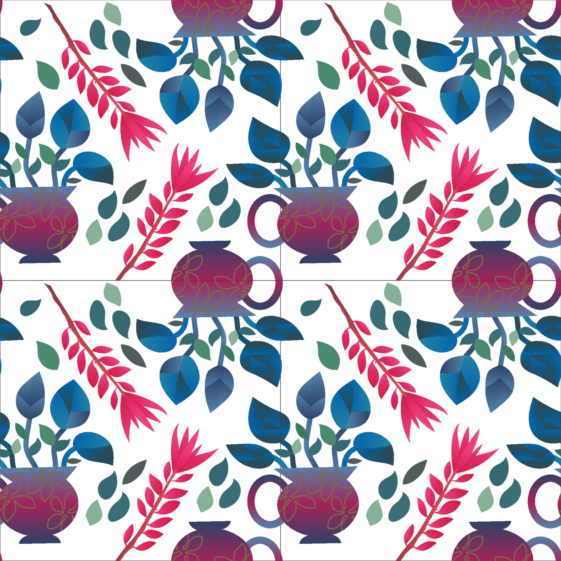 Seamless, Contemporary floral shapes with leaves, trees, fruits and
