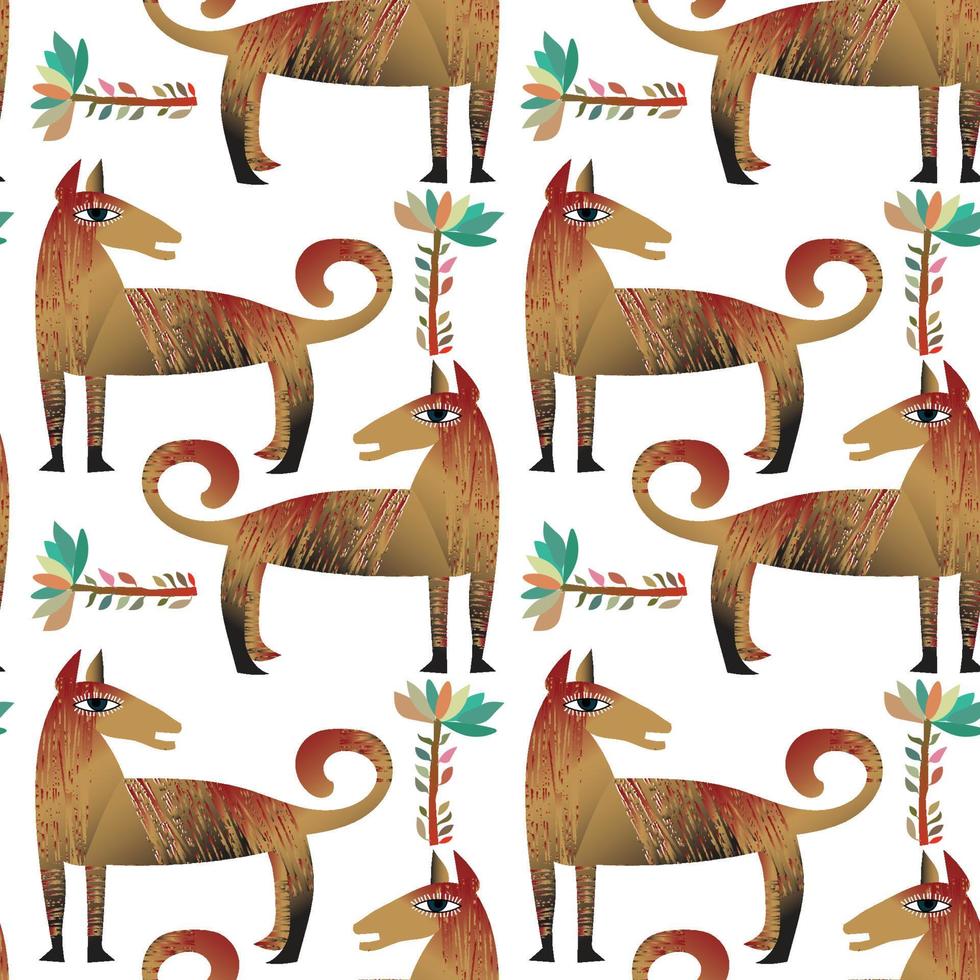 Seamless, Contemporary Abstract wild and domesticated animals. Folk style. Mid Century Modern Art design for paper, cover, fabric, interior decor, and other users. vector