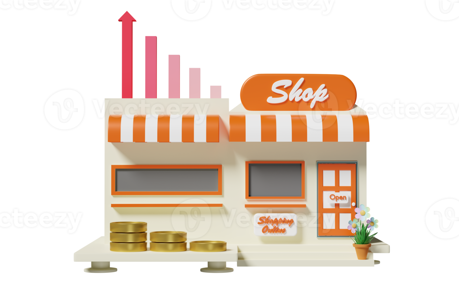 building shop store cafe with arrow, bar graph, coins,store front sign, flowerpot isolated. startup franchise business concept, 3d illustration or 3d render png