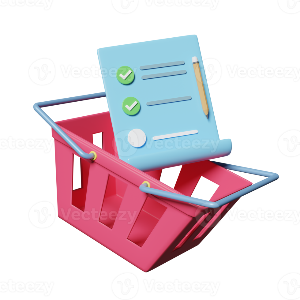3d pink shopping carts, basket with clipboard, checklist png