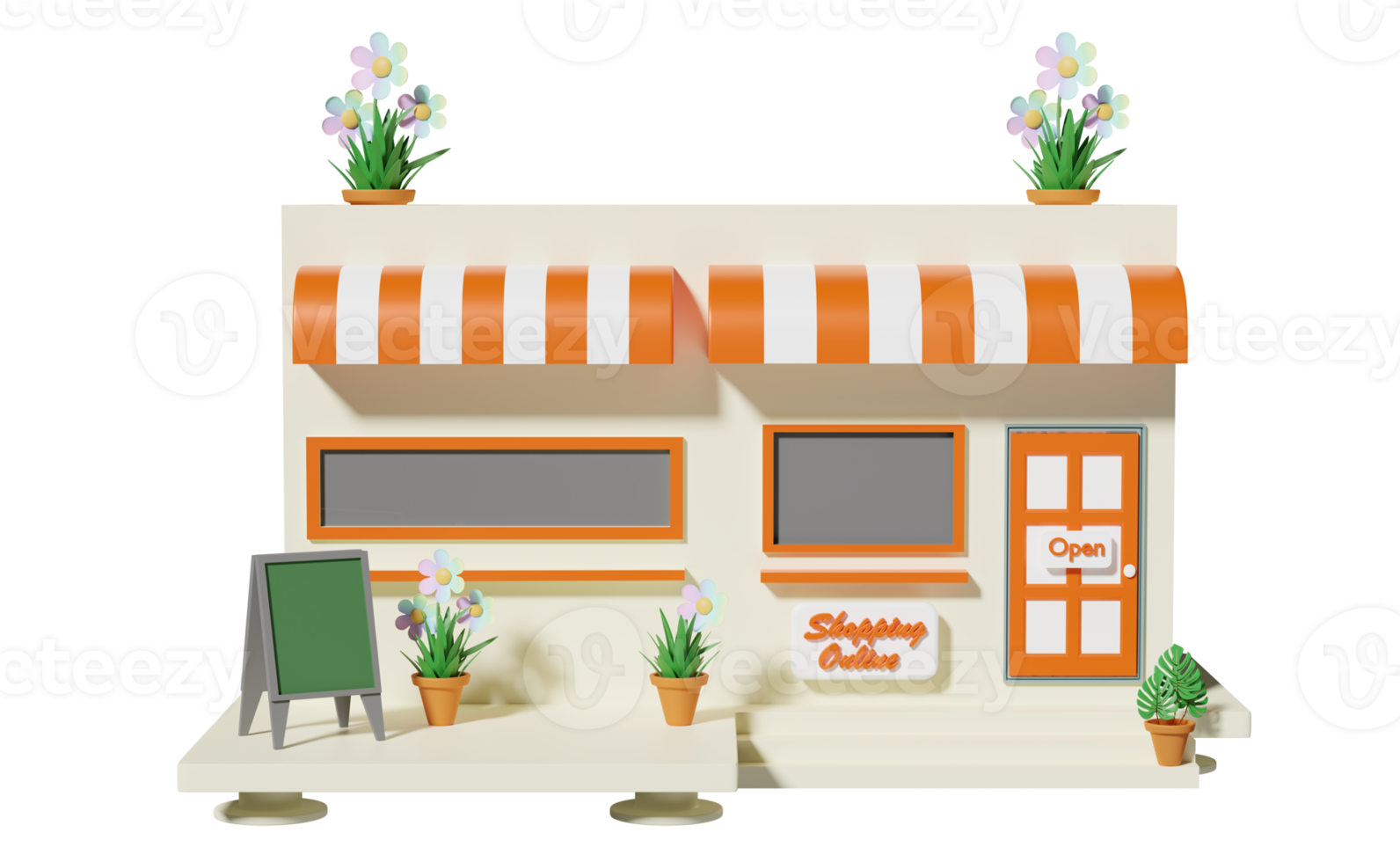 building shop store cafe with store front sign, flowerpot isolated. startup franchise business concept, 3d illustration, 3d render png