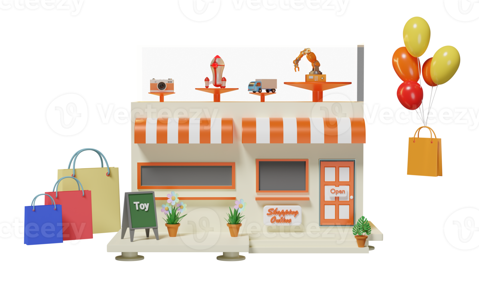 building shop store cafe with toy showcase, store front sign, flowerpot, shopping paper bag isolated. startup franchise business concept, 3d illustration, 3d render png