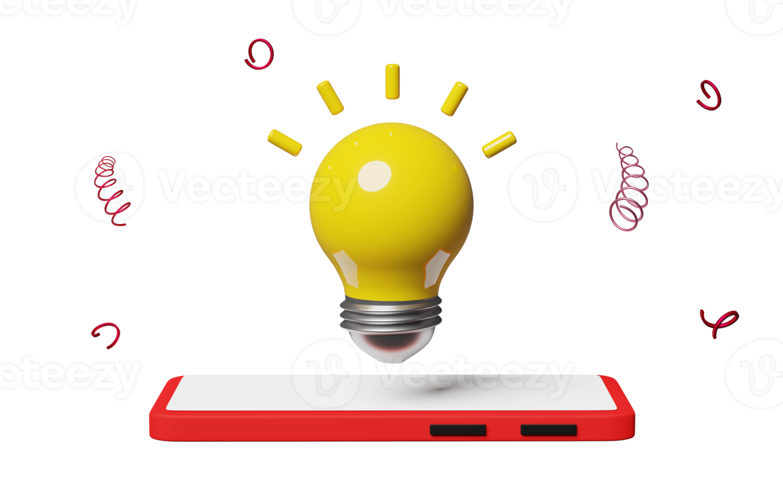 mobile phone or red smartphone with yellow light bulb isolated. idea tip concept, minimal abstract, 3d illustration or 3d render png