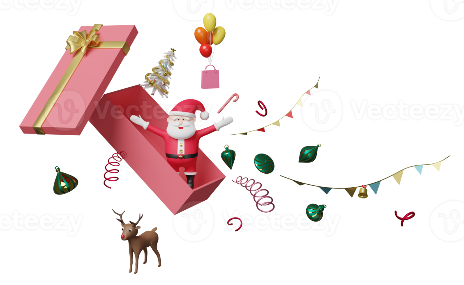 de kerstman claus in roze Open geschenk doos, Kerstmis boom, rendier, papier Tassen, ballon geïsoleerd. website, poster of geluk kaarten, feestelijk nieuw jaar concept, 3d illustratie, 3d geven png