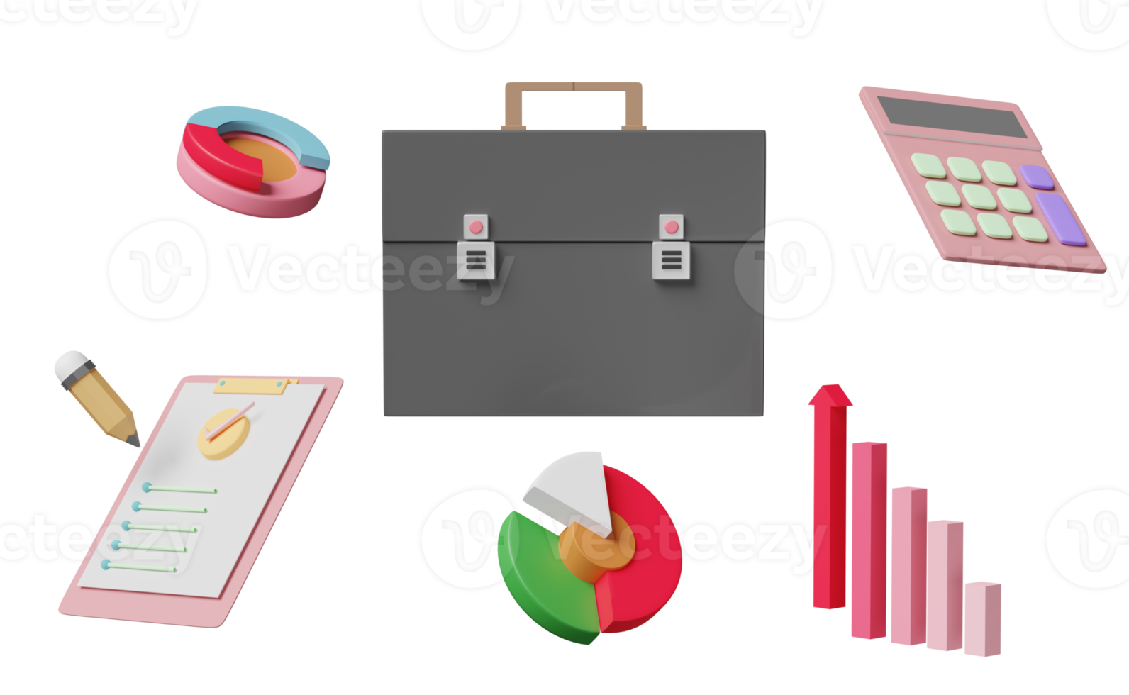 maletín con análisis de datos financieros comerciales, lista de verificación de portapapeles blanco, calculadora, flecha, gráfico de barras aislado. marketing en línea, concepto de estrategia empresarial, ilustración 3d, presentación 3d png