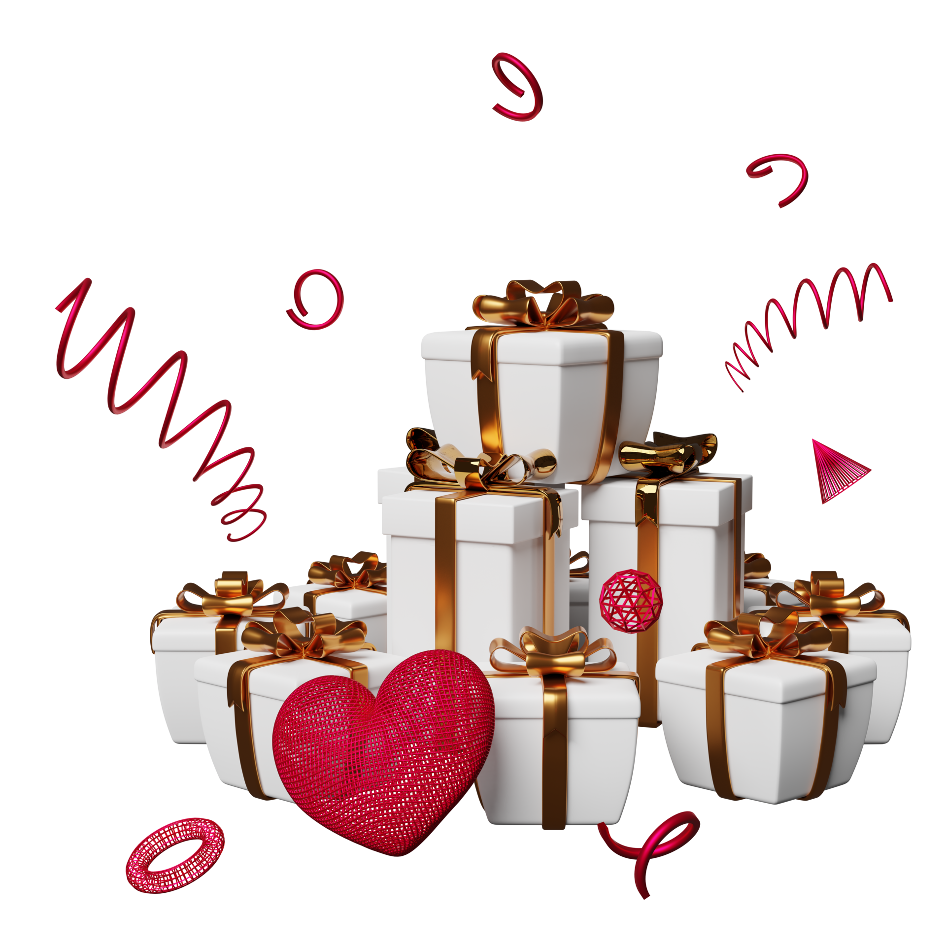 white gift box with golden bow, red wireframe heart icons isolated