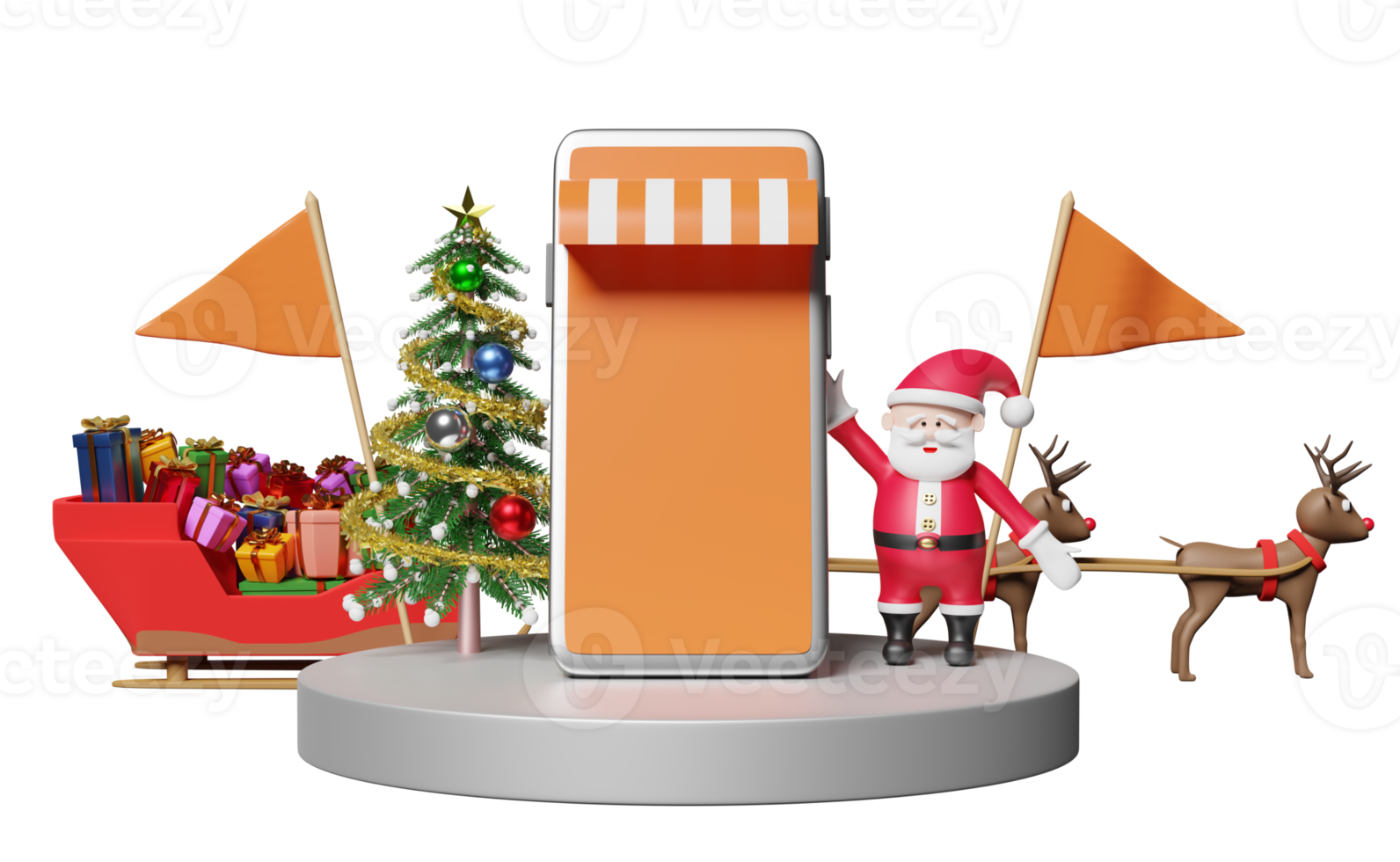 mobile phone, smartphone, podium with store front, santa claus, christmas tree, reindeer, sleigh, flag isolated. online shopping, website, banner, festive new year, 3d illustration, 3d render png