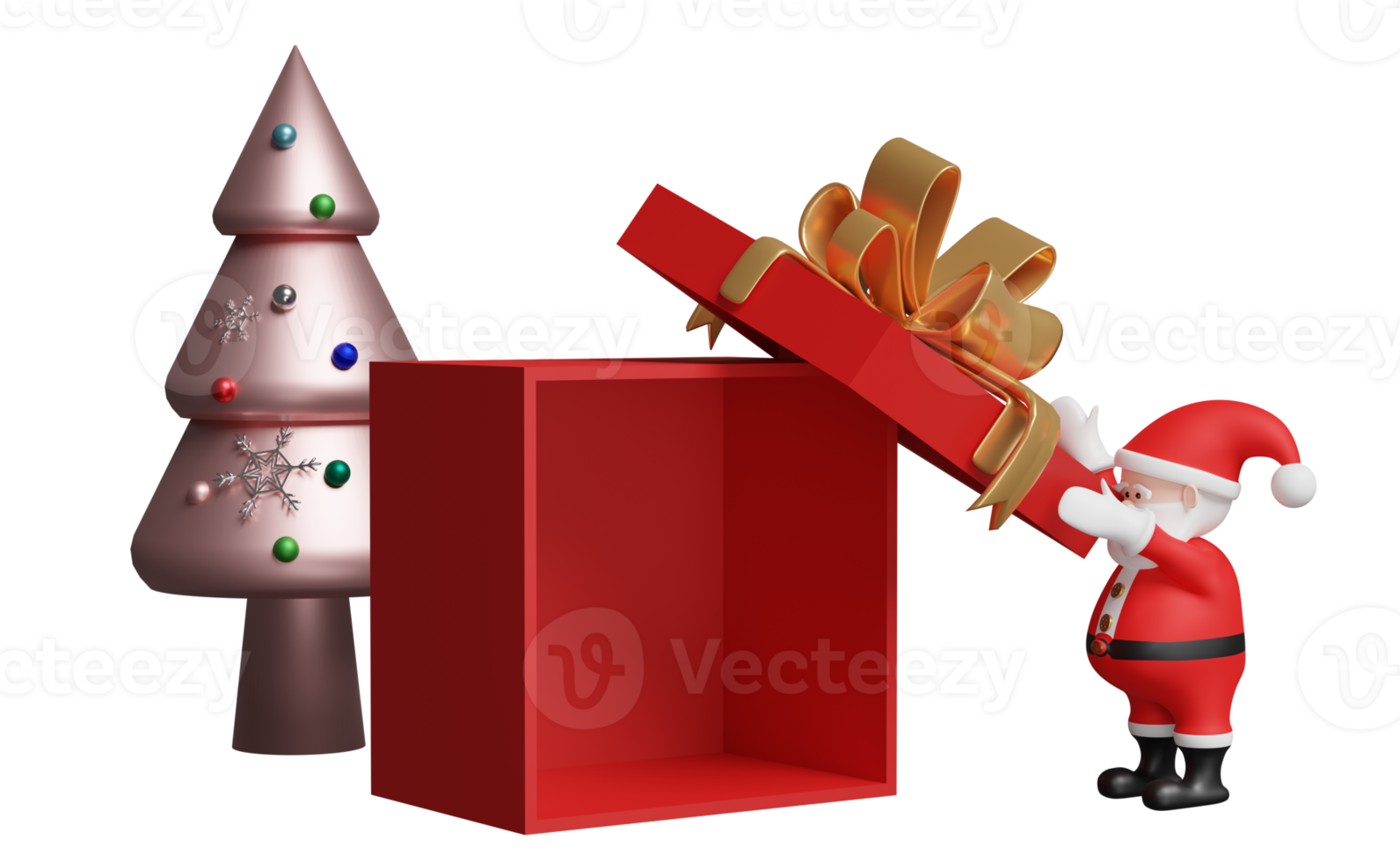 Santa claus with red open gift box empty, christmas tree isolated. website, poster or happiness cards, festive New Year concept, 3d illustration or 3d render png