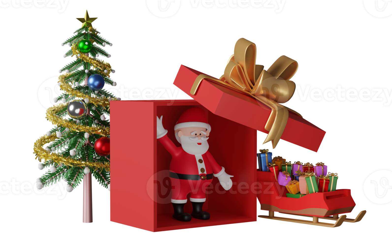 Santa claus with sleigh red open gift box, christmas tree isolated. website, poster or happiness cards, festive New Year concept, 3d illustration or 3d render png