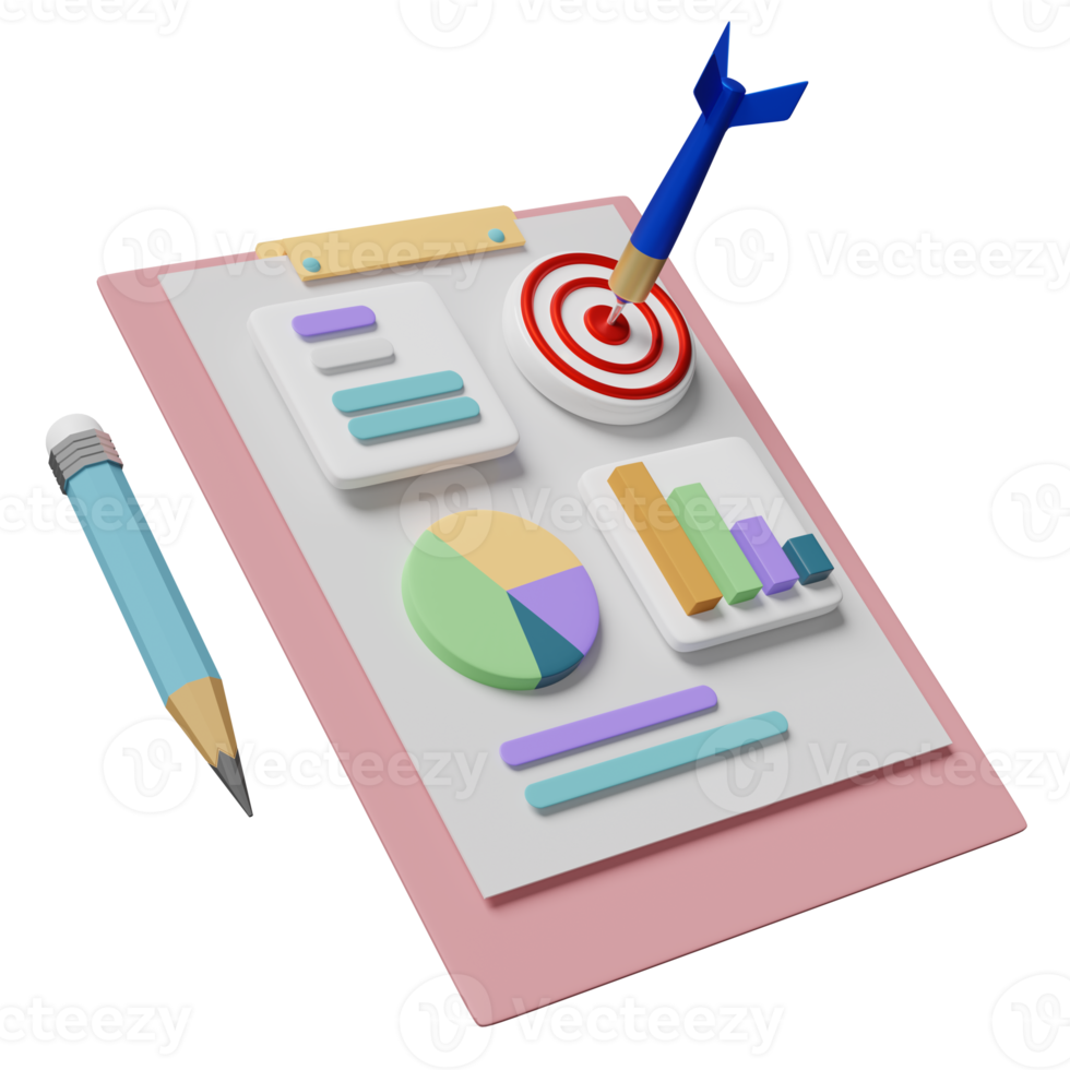 graphiques, graphique avec analyse des données financières de l'entreprise, liste de contrôle du presse-papiers blanc, cible, fléchettes ou flèche, crayon isolé. concept de stratégie d'entreprise, illustration 3d ou rendu 3d png