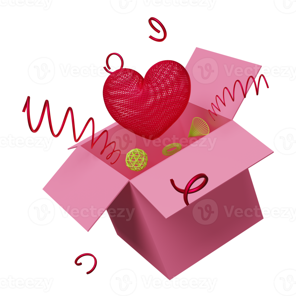 rosa offene geschenkbox mit rotem drahtgitterherz isoliert. weihnachts- und neujahrstag, gesundheitsliebe oder weltherztag, valentinstagkonzept, minimale abstrakte, 3d-illustration oder 3d-rendering png