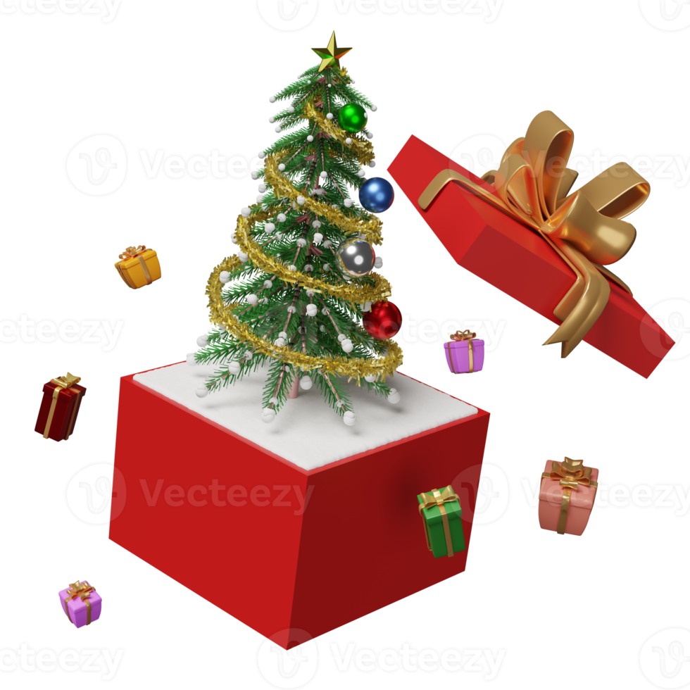red open gift box with christmas tree isolated. website, poster or happiness cards, festive New Year concept, 3d illustration or 3d render png