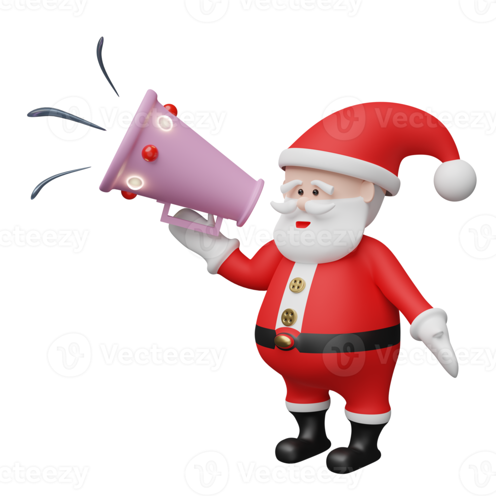 Santa claus with megaphone or hand speaker isolated. website,poster or happiness cards, festive New Year concept, 3d illustration or 3d render png
