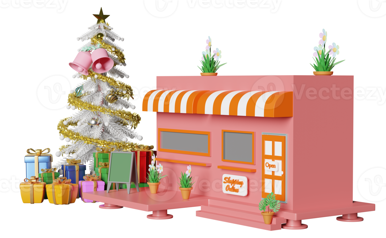 shop store front with mobile phone, smartphone, christmas tree, gift box isolated. startup franchise business, happiness cards, festive New Year concept, 3d illustration, 3d render png