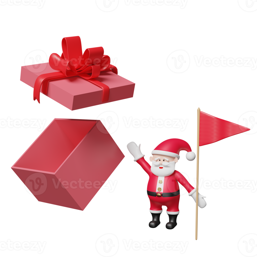 Santa claus with red open gift box empty, christmas tree, flag isolated. website, poster or happiness cards, festive New Year concept, 3d illustration or 3d render png