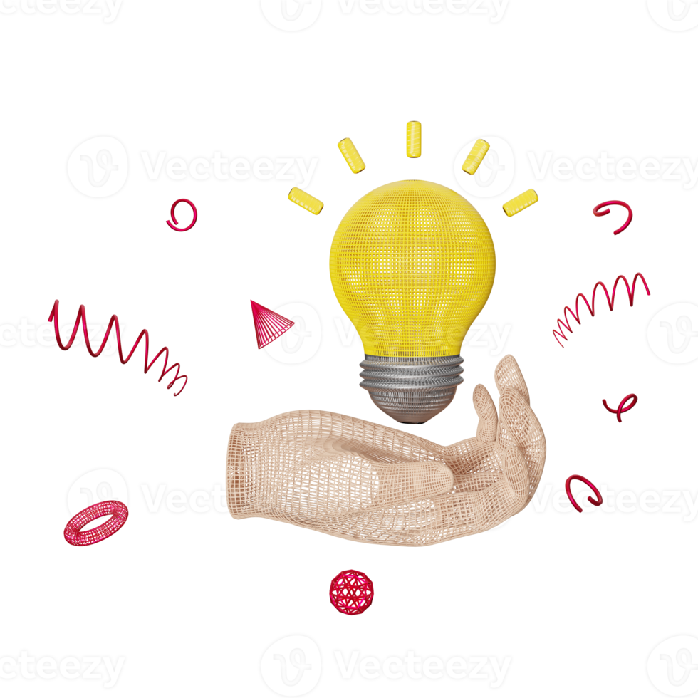 Hand holds yellow wireframe light bulb isolated.business idea tip concept,minimal abstract,3d illustration or 3d render png