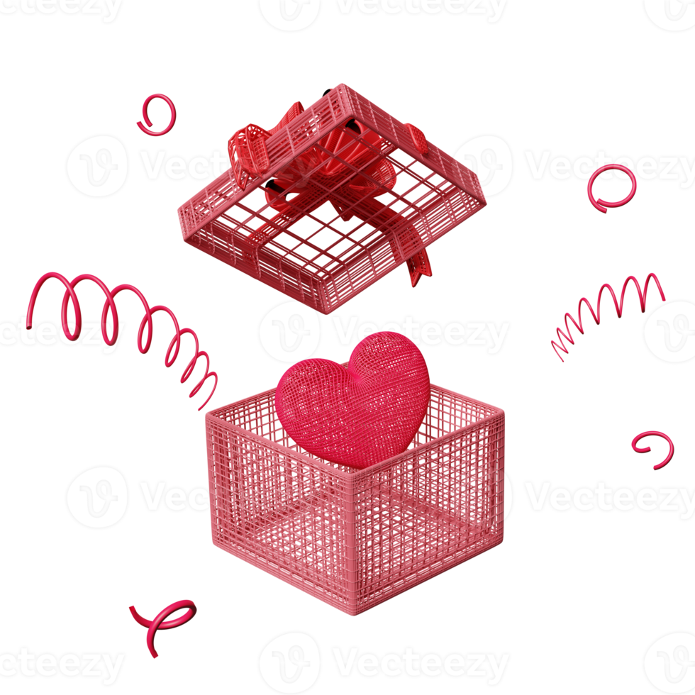 open gift box with red heart isolated. christmas and new year day, health love or world heart day, valentine's day wireframe concept, minimal abstract, 3d illustration, 3d render png