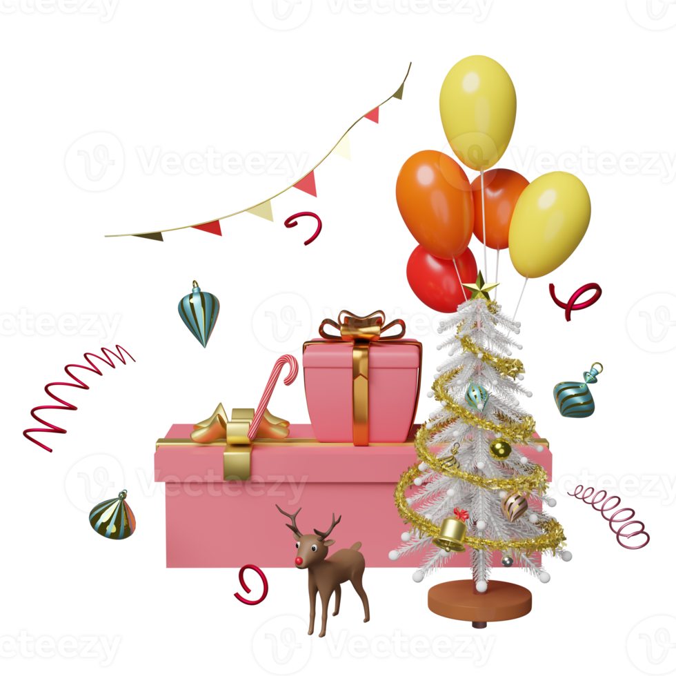 pink gift box with balloon, christmas tree, reindeer isolated. website, poster or Happiness cards, festive New Year concept, 3d illustration or 3d render png