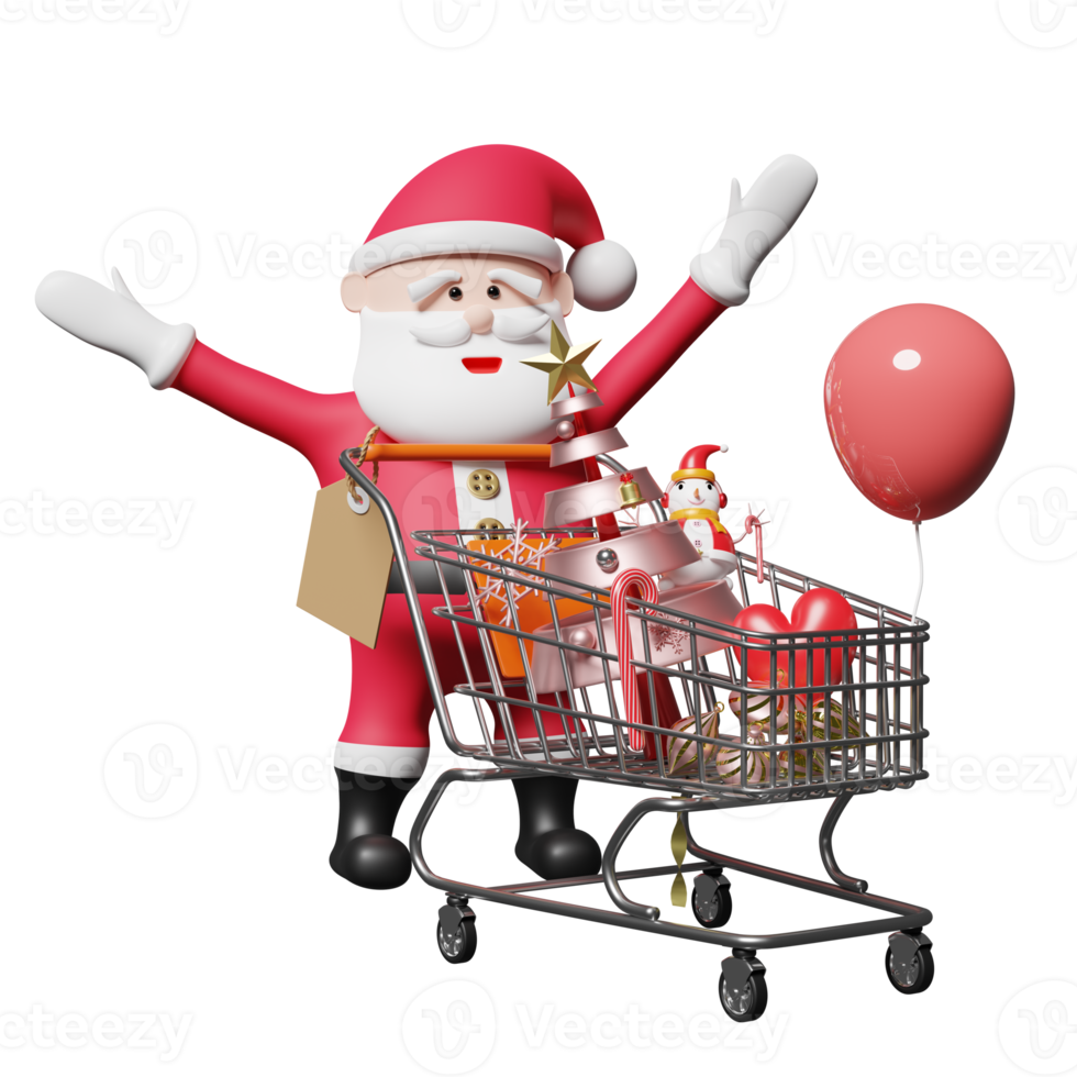 de kerstman claus met Kerstmis boom, boodschappen doen kar, prijs labels, ruimte geïsoleerd. website, poster of geluk kaarten, feestelijk nieuw jaar concept, 3d illustratie of 3d geven png