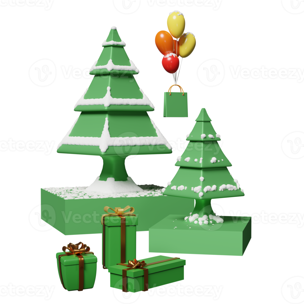 podium de scène avec boîte-cadeau, arbre de noël, espace, sacs en papier shopping isolés. site web, affiche ou cartes de bonheur, concept de nouvel an festif, illustration 3d ou rendu 3d png