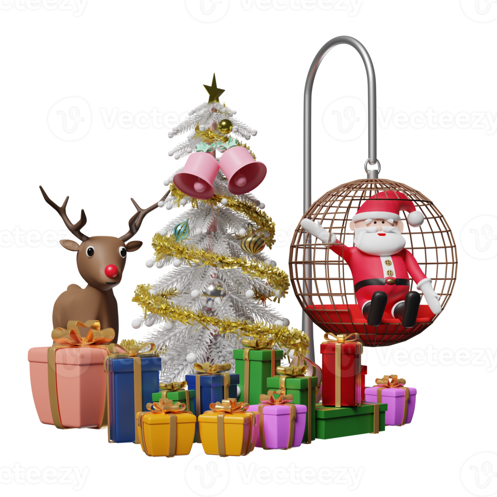 Santa claus with reindeer, gift box, christmas tree, hanging chair isolated. website, poster or happiness cards, festive New Year concept, 3d illustration or 3d render png