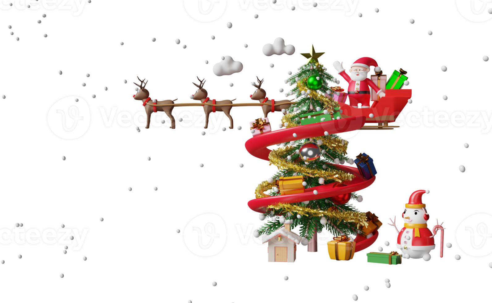 de kerstman claus met rendier slee, geschenk doos, Kerstmis boom, sneeuwman geïsoleerd. website of poster of geluk kaarten, banier en feestelijk nieuw jaar, 3d illustratie of 3d geven png