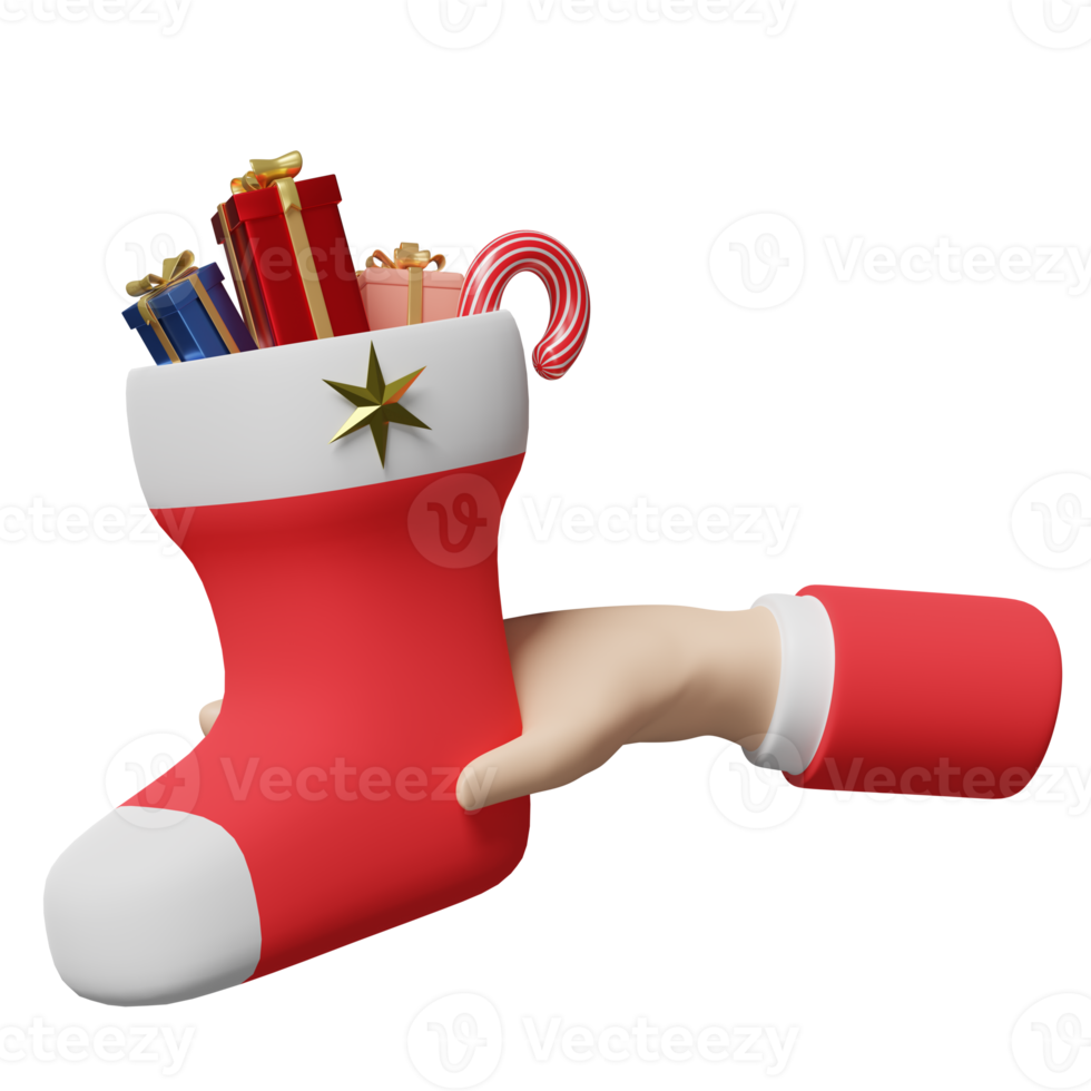 hands holding christmas socks with presents isolated. website,poster or happiness cards, festive New Year concept, 3d illustration or 3d render png