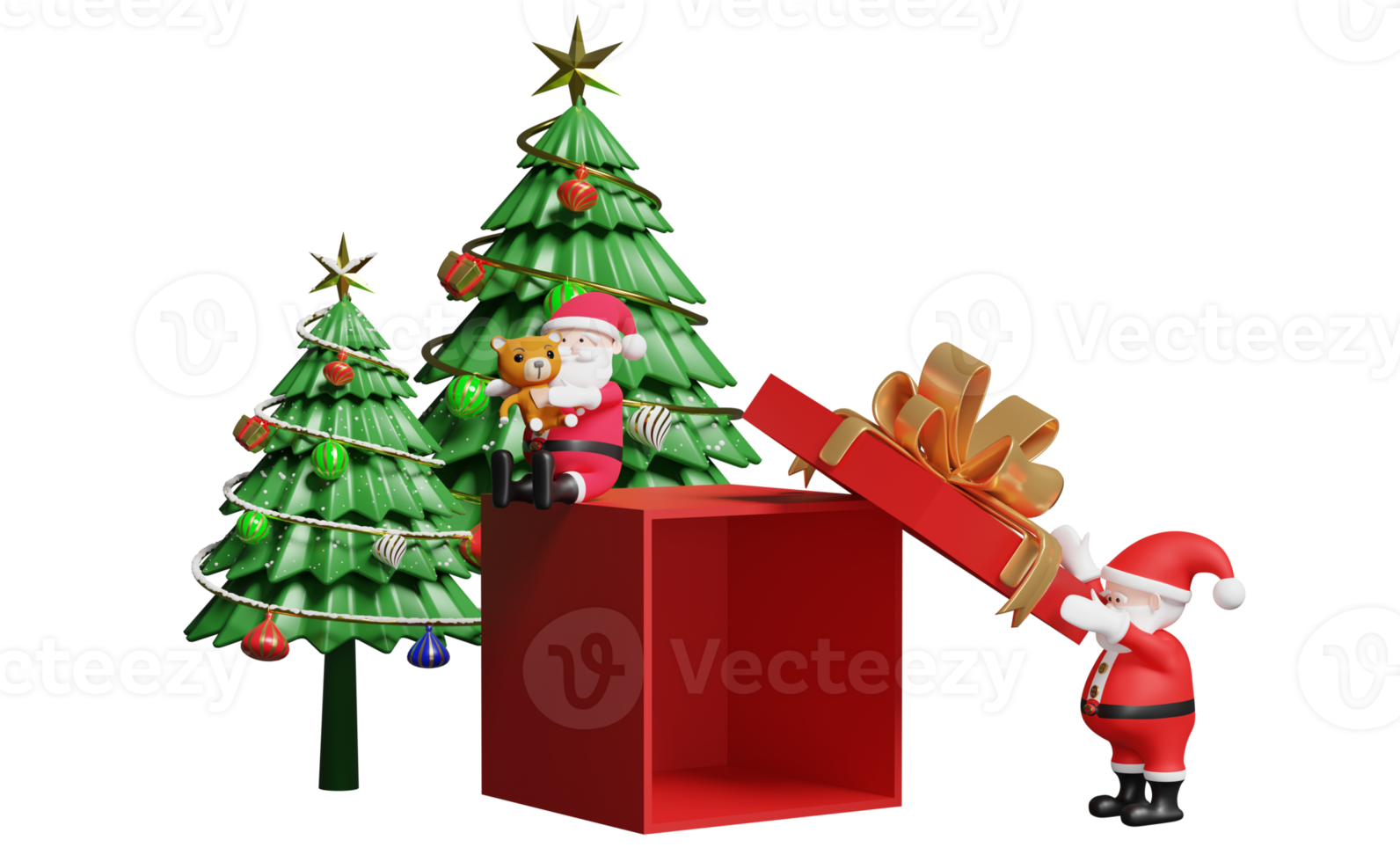 Santa claus with red open gift box empty, christmas tree isolated. website, poster or happiness cards, festive New Year concept, 3d illustration or 3d render png