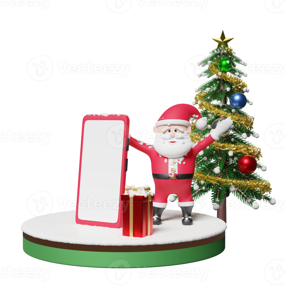 rotes handy oder smartphone und podium mit weihnachtsmann, weihnachtsbaum, geschenkbox, schnee lokalisiert. online-shopping, website, banner, festliches neujahrskonzept, 3d-illustration oder 3d-rendering png