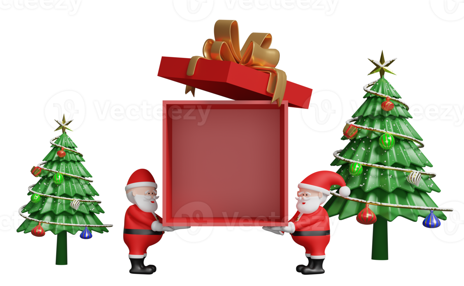 Santa claus with red open gift box empty, christmas tree isolated. website, poster or happiness cards, festive New Year concept, 3d illustration or 3d render png