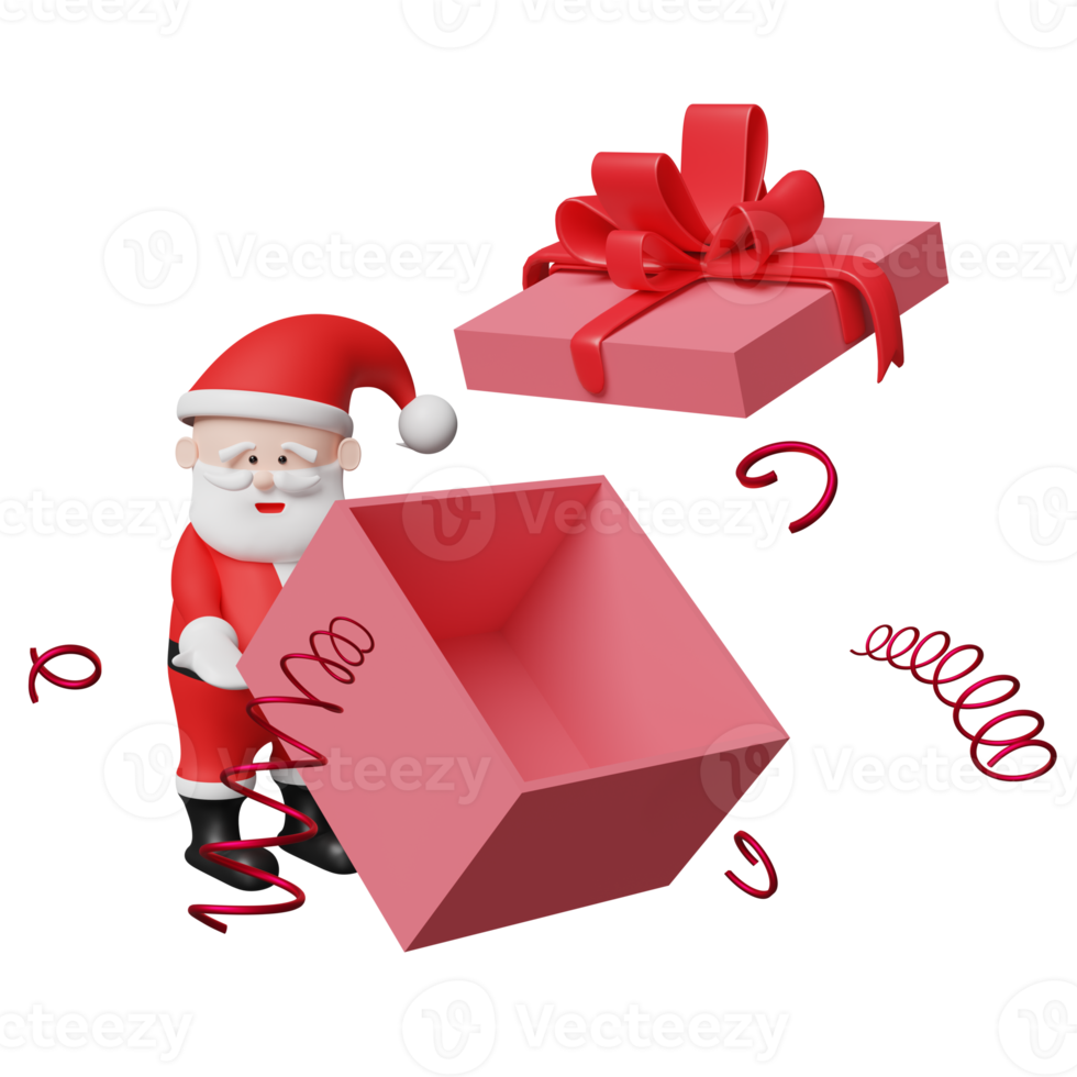 Santa claus with red open gift box empty isolated. website, poster or happiness cards, festive New Year concept, 3d illustration or 3d render png