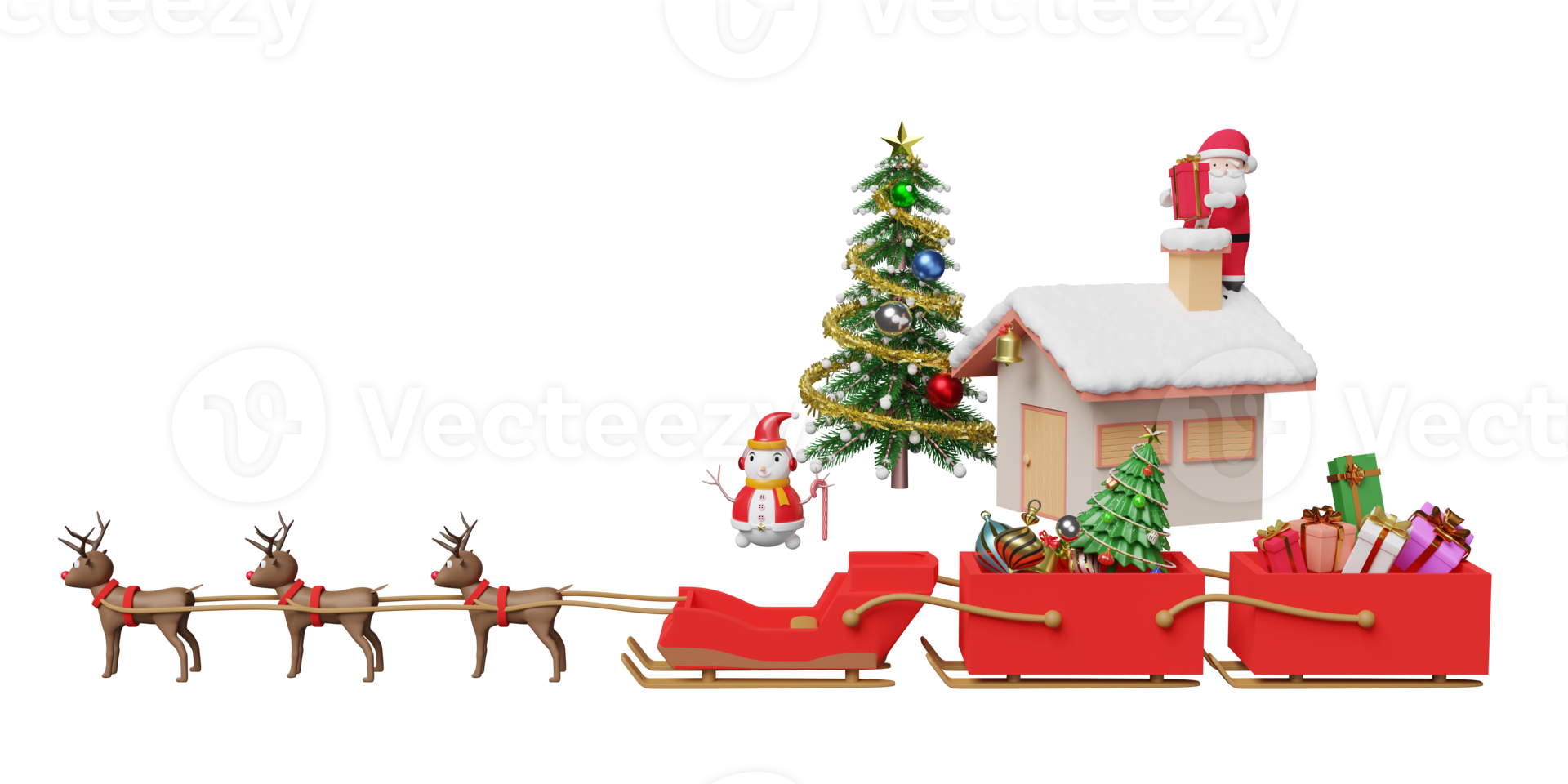 trineo de renos con santa claus, caja de regalo, árbol de navidad aislado. sitio web o afiche o tarjetas de felicidad, pancarta y año nuevo festivo, ilustración 3d o presentación 3d png