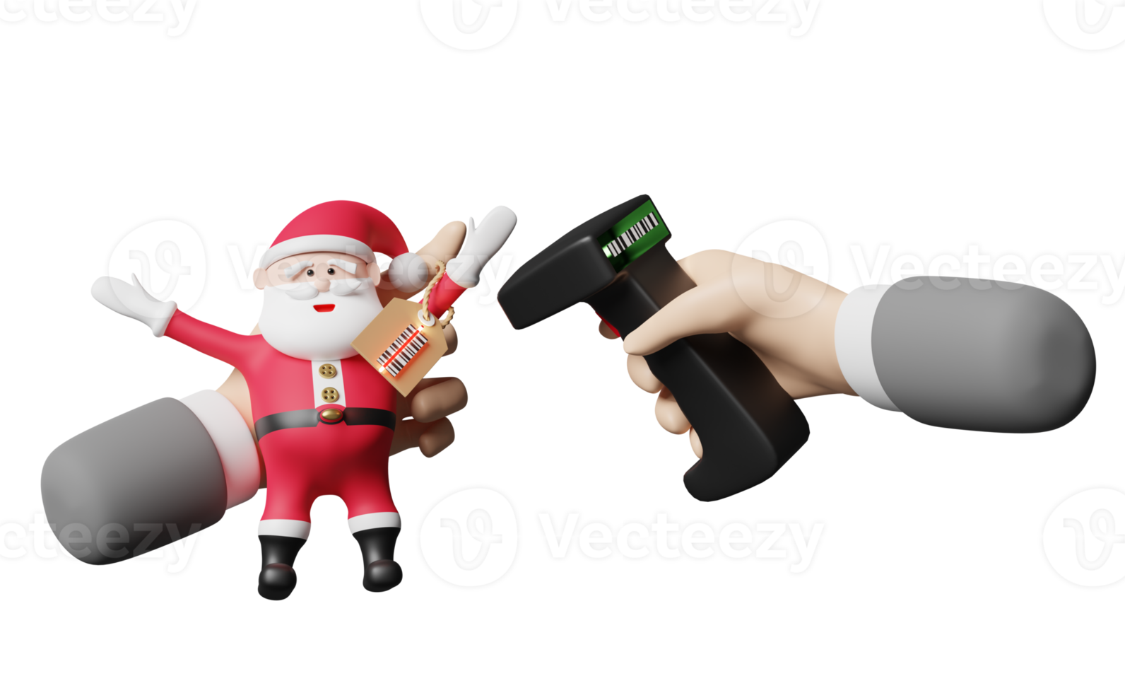 händer innehav streckkod scanner med santa claus docka, pris taggar isolerat, 3d illustration eller 3d framställa png