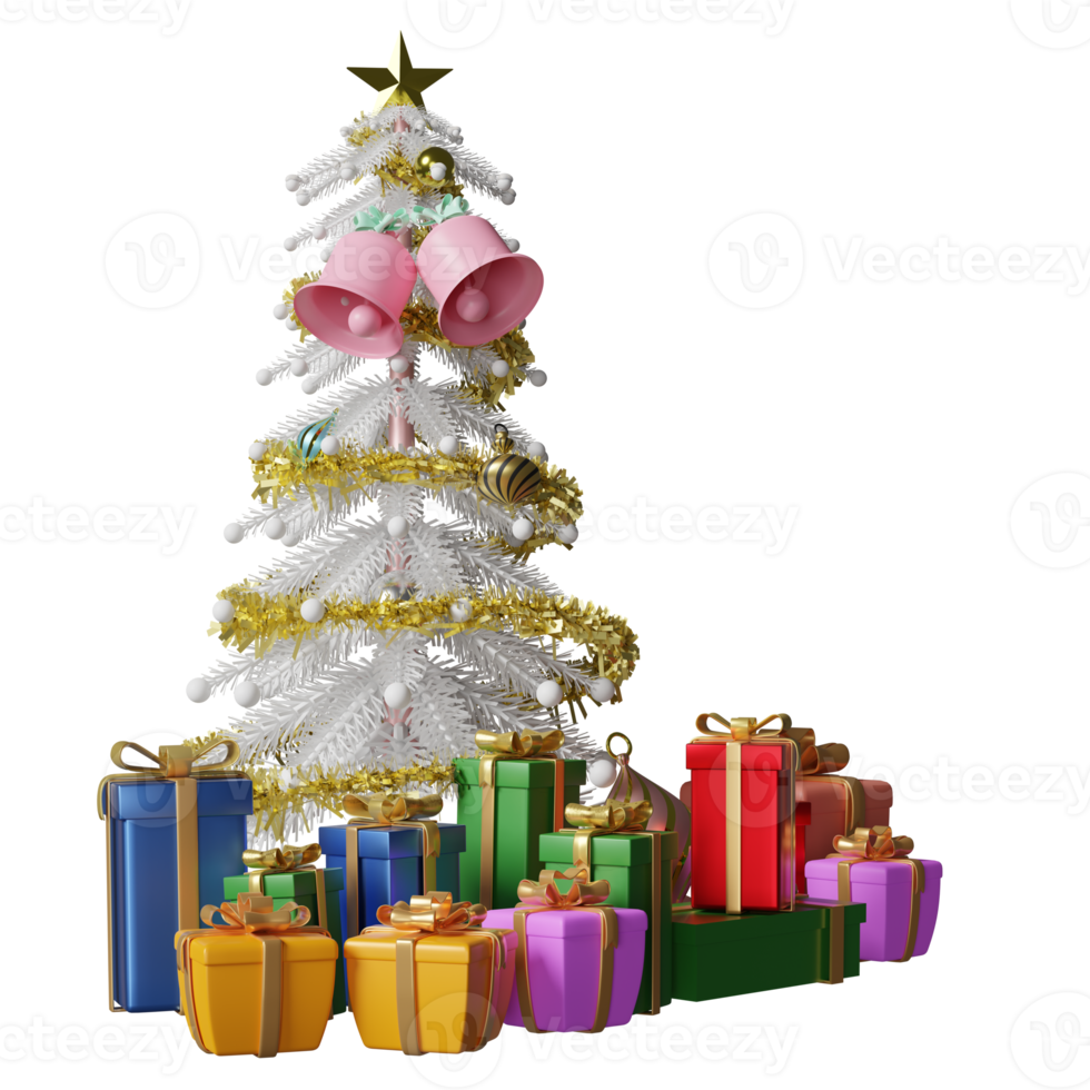 coffret cadeau avec arbre de noël isolé. site web, affiche ou cartes de bonheur, concept de nouvel an festif, illustration 3d ou rendu 3d png