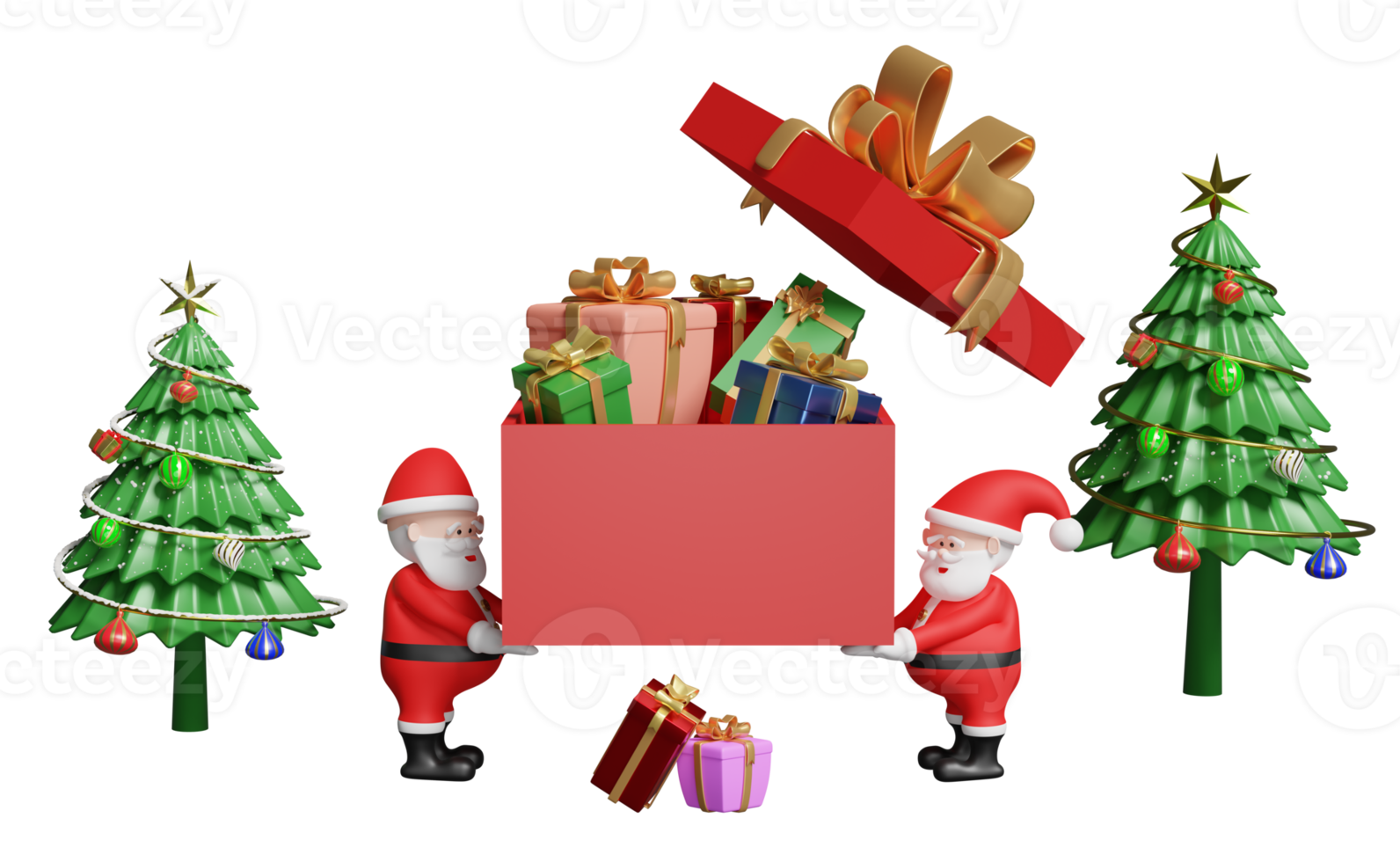 Santa claus with red open gift box empty, christmas tree isolated. website, poster or happiness cards, festive New Year concept, 3d illustration or 3d render png