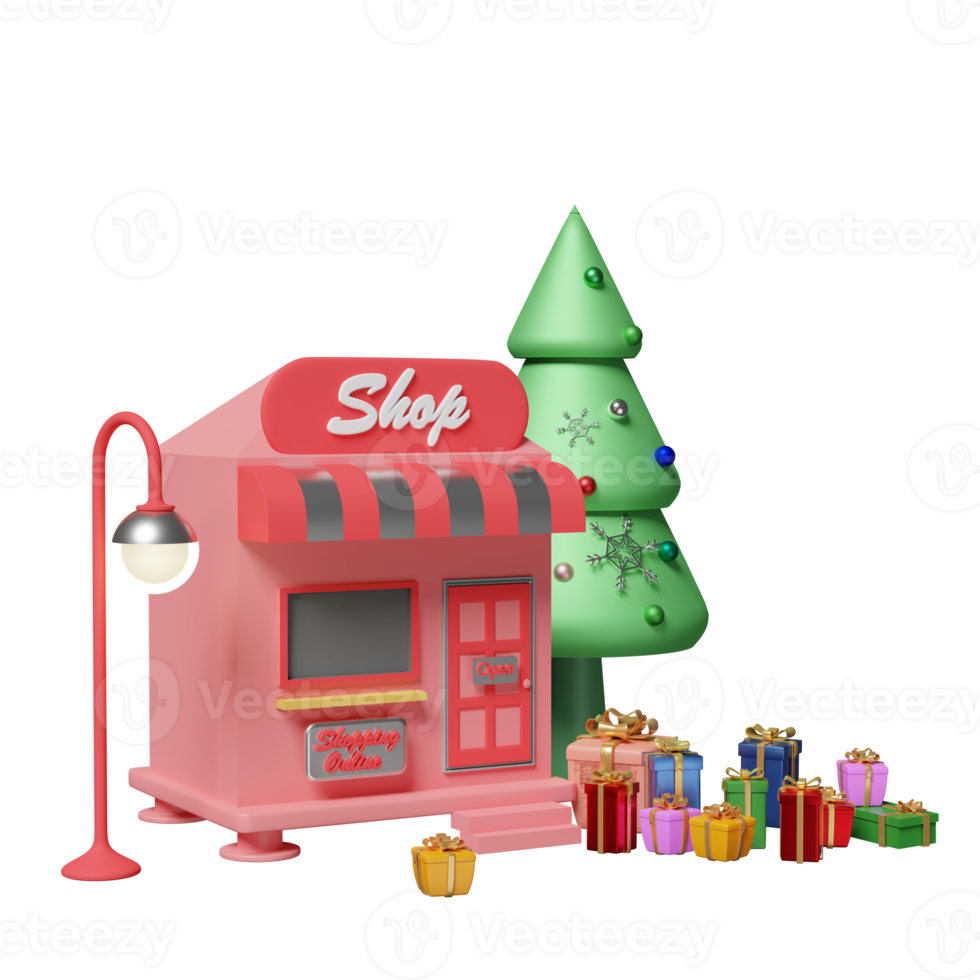 Shop Ladenfront mit Weihnachtsbaum, Geschenkbox isoliert. Start-Franchise-Geschäft, Glückskarten, festliches Neujahrskonzept, 3D-Illustration, 3D-Rendering png