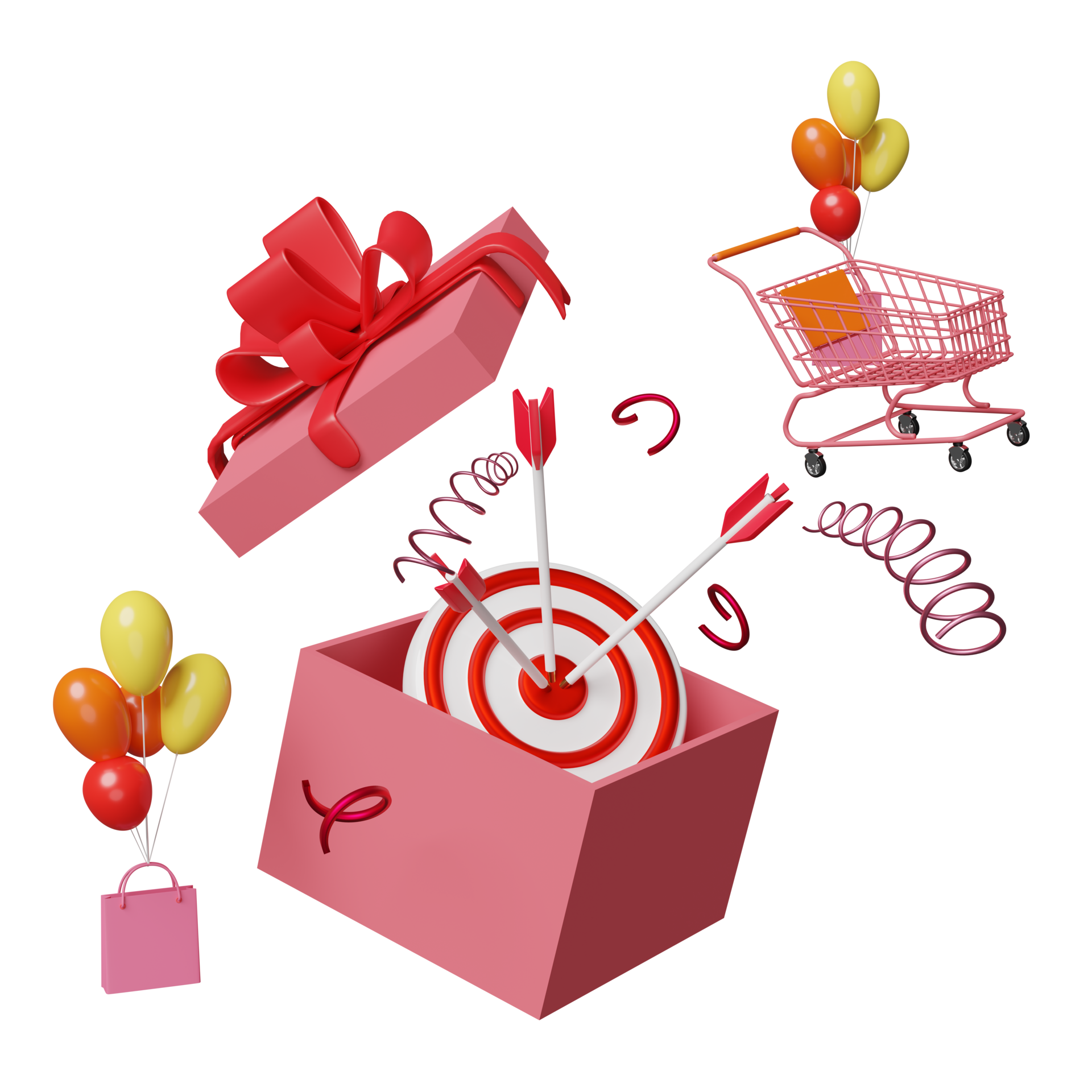 pink open gift box with target red darts or arrow isolated. shopping