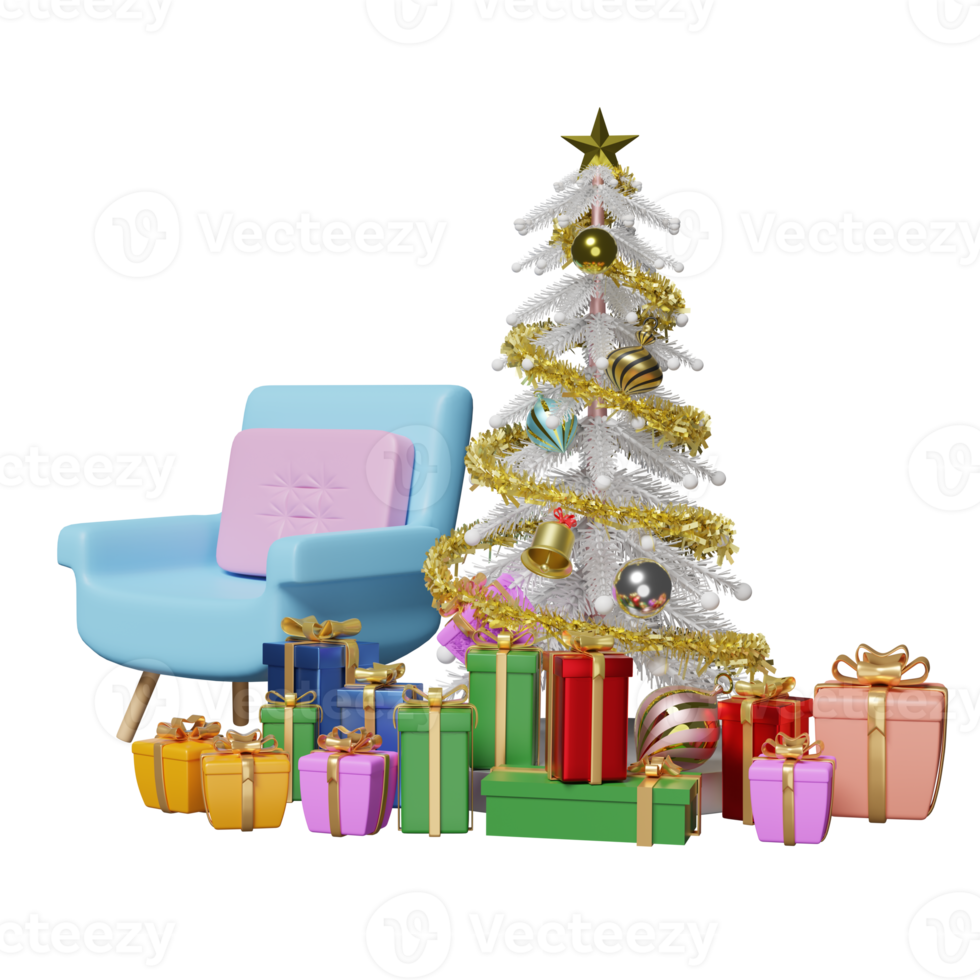sofa chair with gift box, christmas tree isolated. website, poster or happiness cards, festive New Year concept, 3d illustration or 3d render png