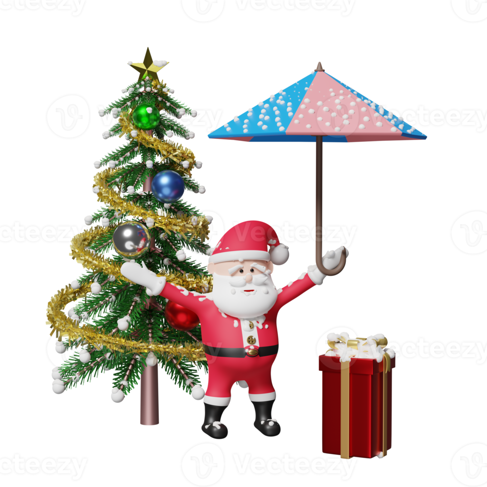 weihnachtsmann mit geschenkbox, weihnachtsbaum, regenschirm, schnee lokalisiert. website, poster oder glückskarten, festliches neujahrskonzept, 3d-illustration oder 3d-rendering png