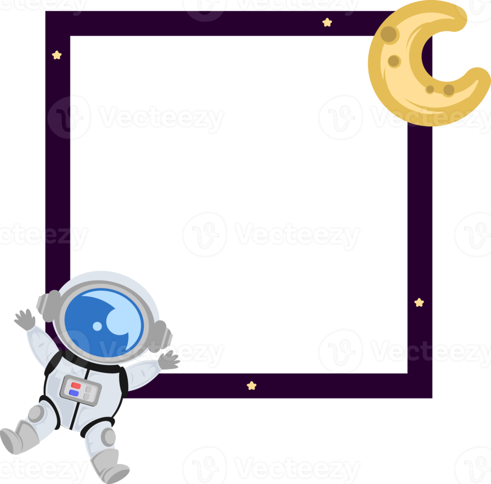 kids space theme square single photo frame with cute astronaut and crescent moon png
