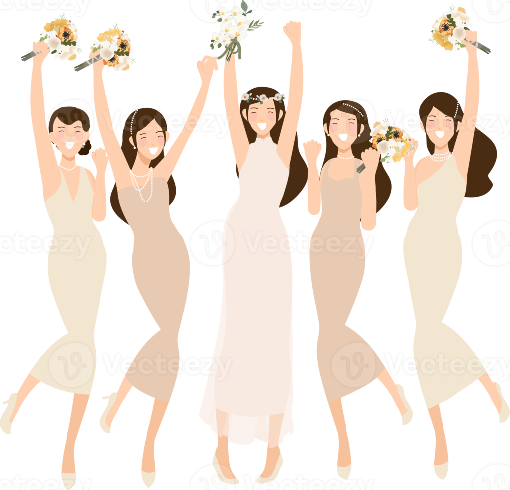 happy young bride and bridesmaid  party dance flat style png