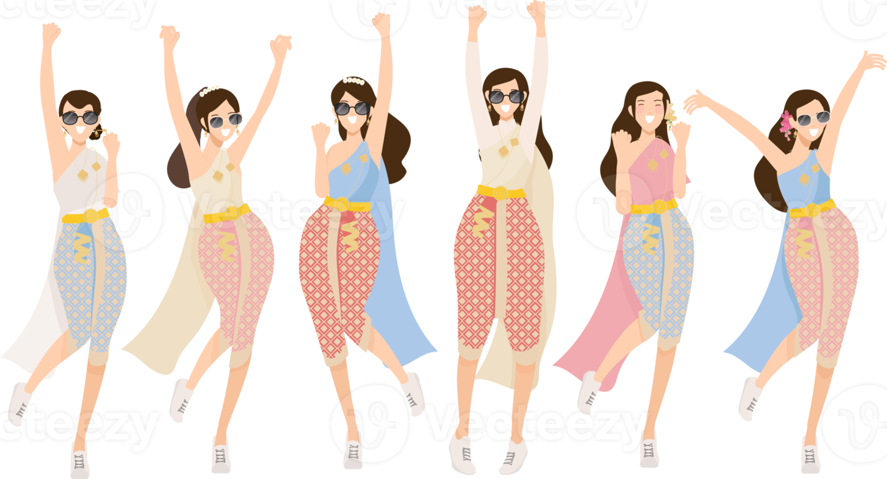 happy woman in Thai traditional songkran water festival party dance flat style png