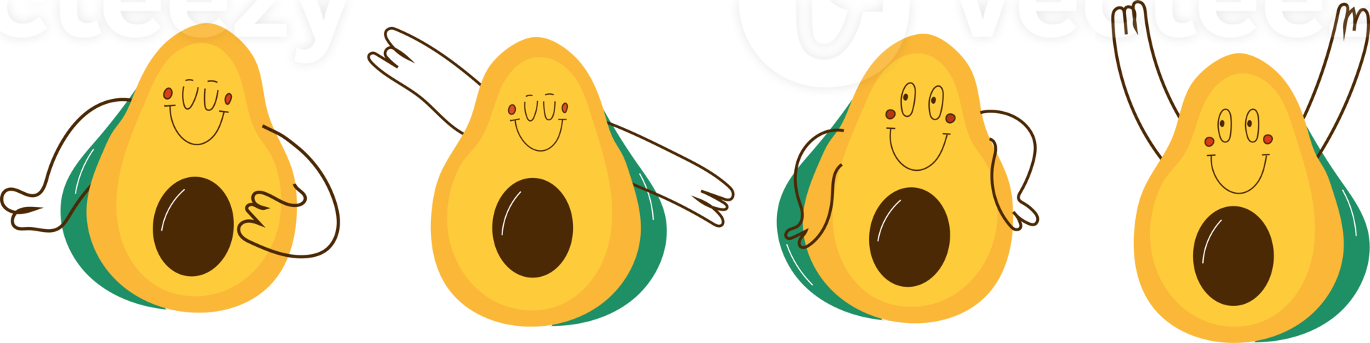Set Avocado with face emotions, hands and legs. Hand drawn trendy PNG illustration for kids. Cute funny characters. All elements are isolated