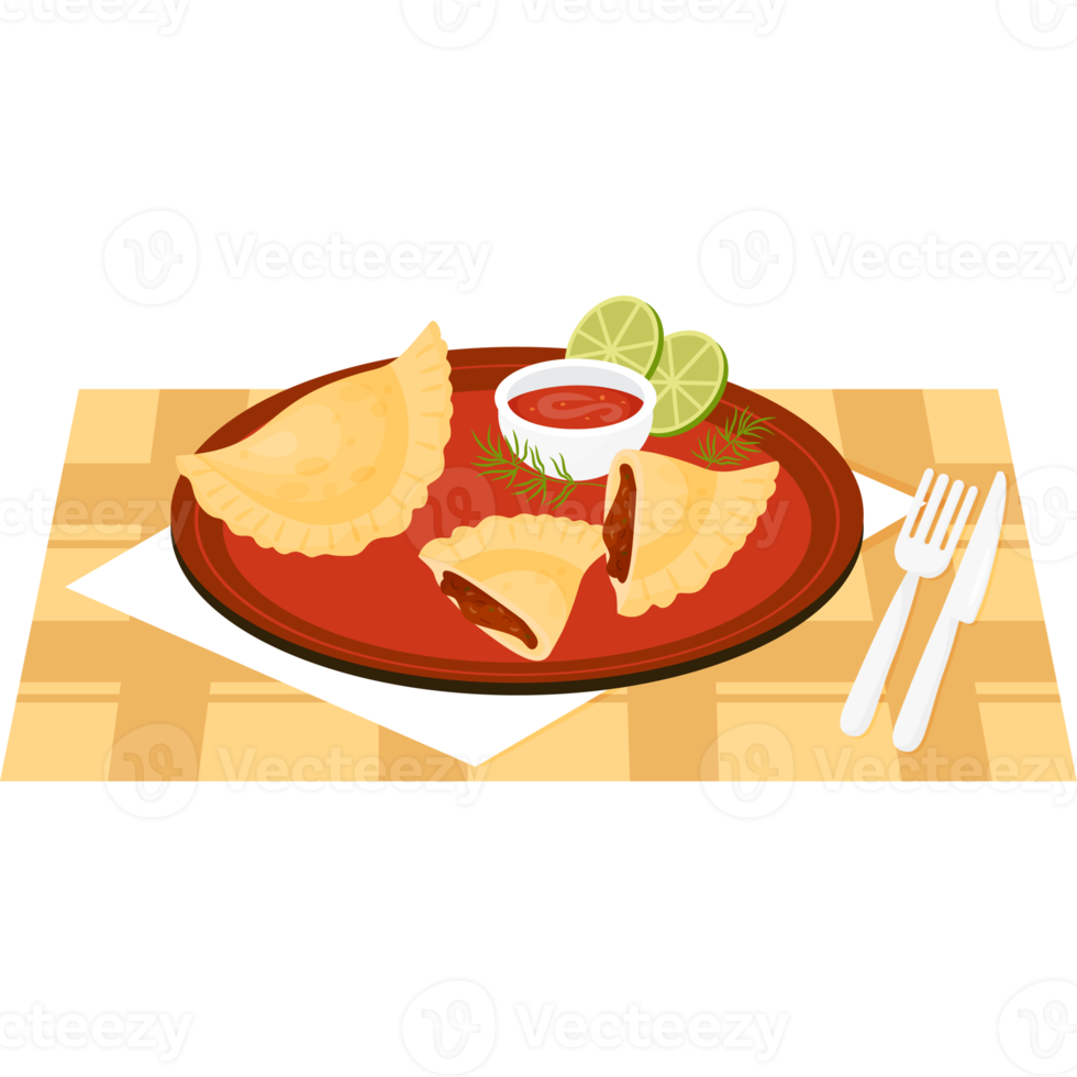 Mexican Empanadas whole and broken with stuffing in half on plate. served dish on tablecloth with knife and fork png