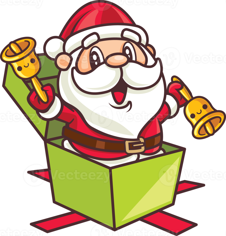 Merry Christmas with cartoon santa claus holding bells coming out from christmas present box illustration png