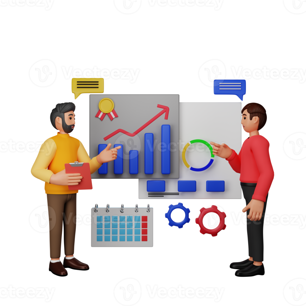 équipe marketing faisant une analyse de marché, illustration de personnage 3d png