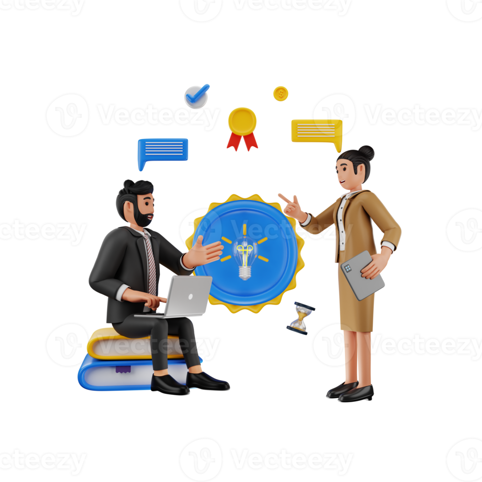 equipo de negocios generando idea, ilustración de personaje 3d png