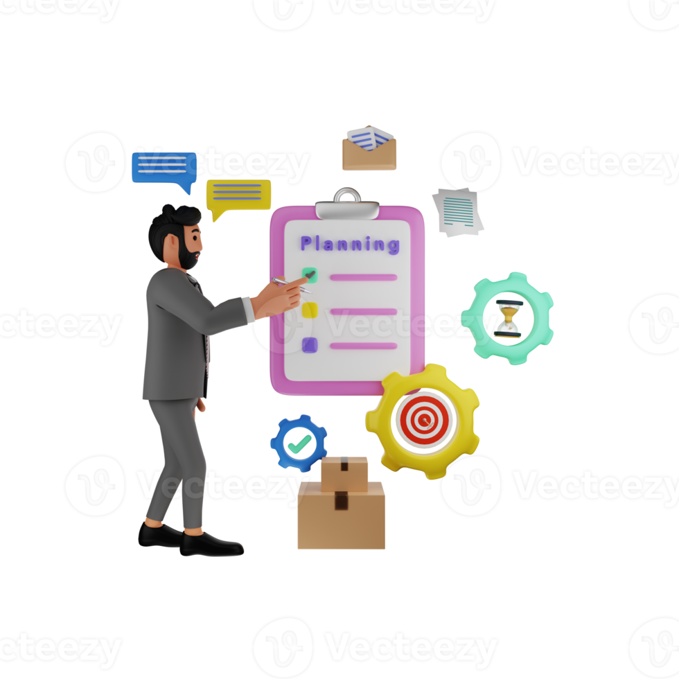 zakenman maken planning lijst, 3d karakter illustratie png